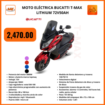 ALERTA - MOTO ELÉCTRICA BUCATTI T-MAX  LITHIUM 72V50AH